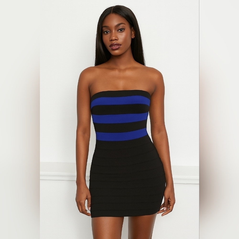 Black & Blue Striped Strapless Bodycon Bandage Dress, Small